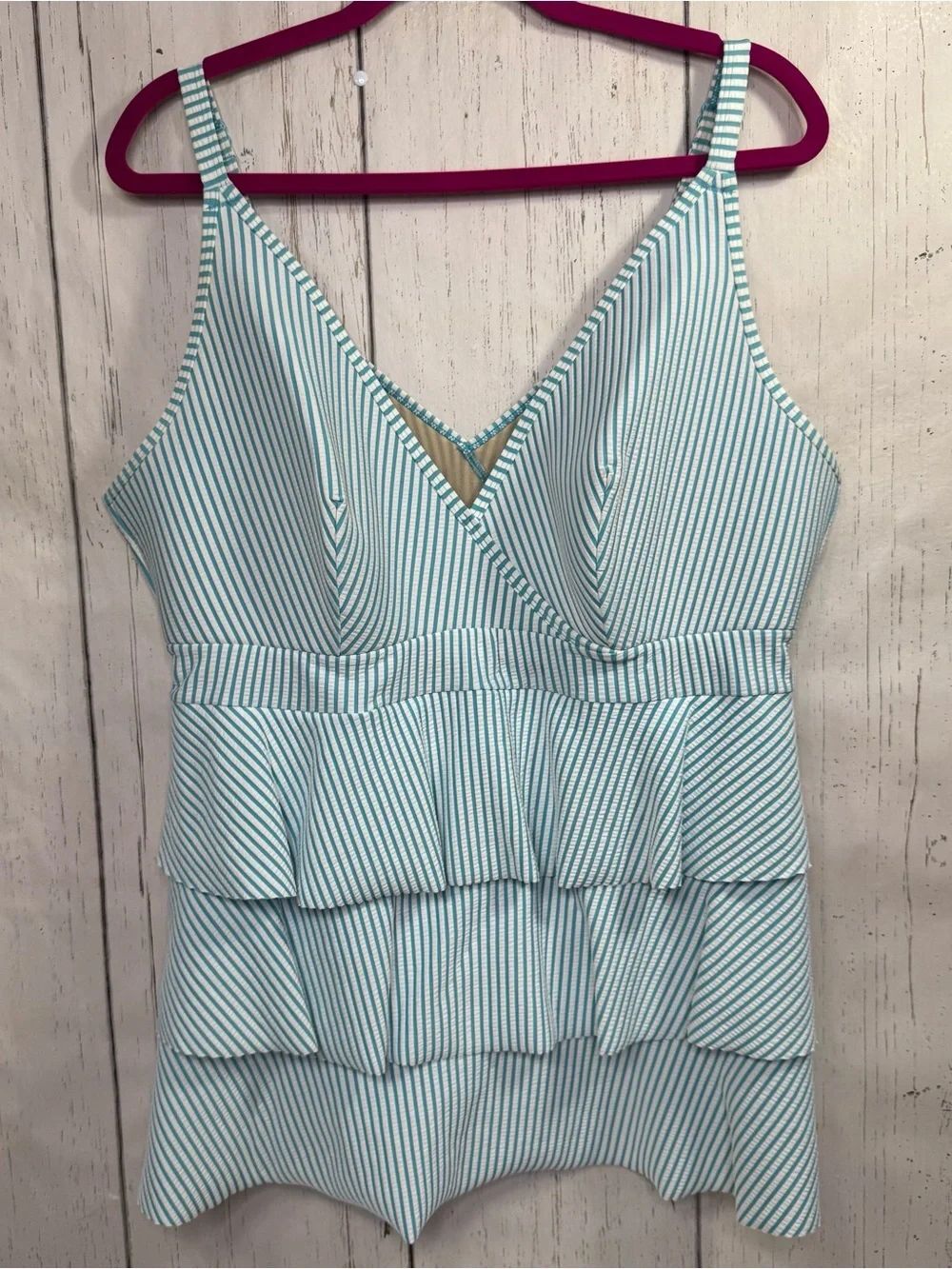 Cacique Swim Aqua White Striped Tiered Peplum Tankini Swim Top Plus Size 20